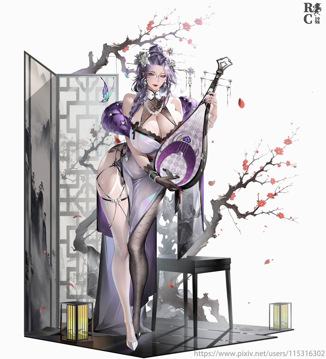 This is a pixiv picture whose title is 琵琶 黑白丝.