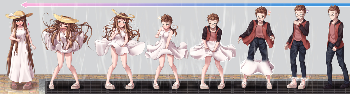 This is a pixiv picture whose title is 通気口の風で夏の装いの超ロングヘア少女へ変わるTSシークエンス.