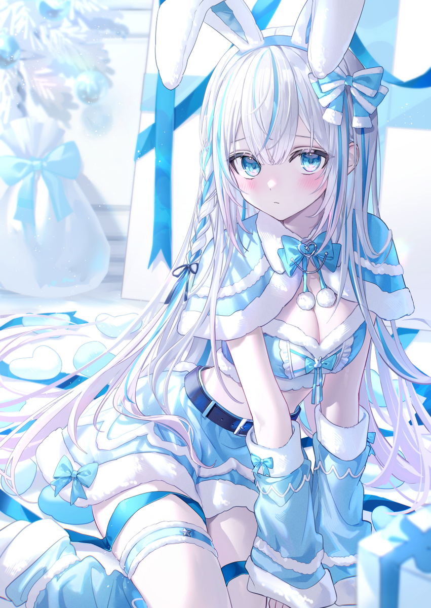 This is a pixiv picture whose title is 水色サンタ🐰🩵🤍.