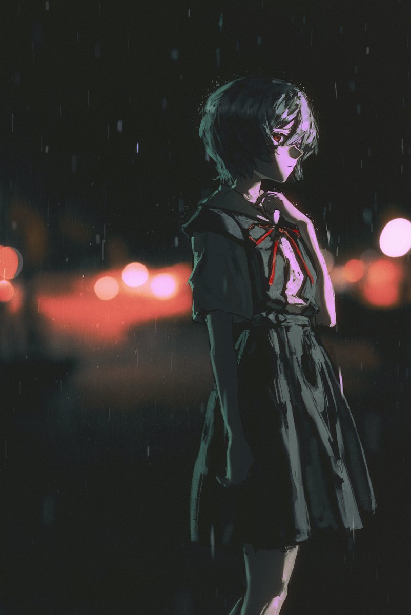 This is a pixiv picture whose title is 雨音と綾波レイ.