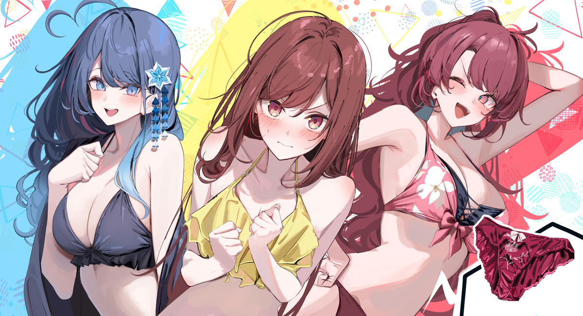 This is a pixiv picture whose title is 「「「私の水着が1番だよね！」」」.