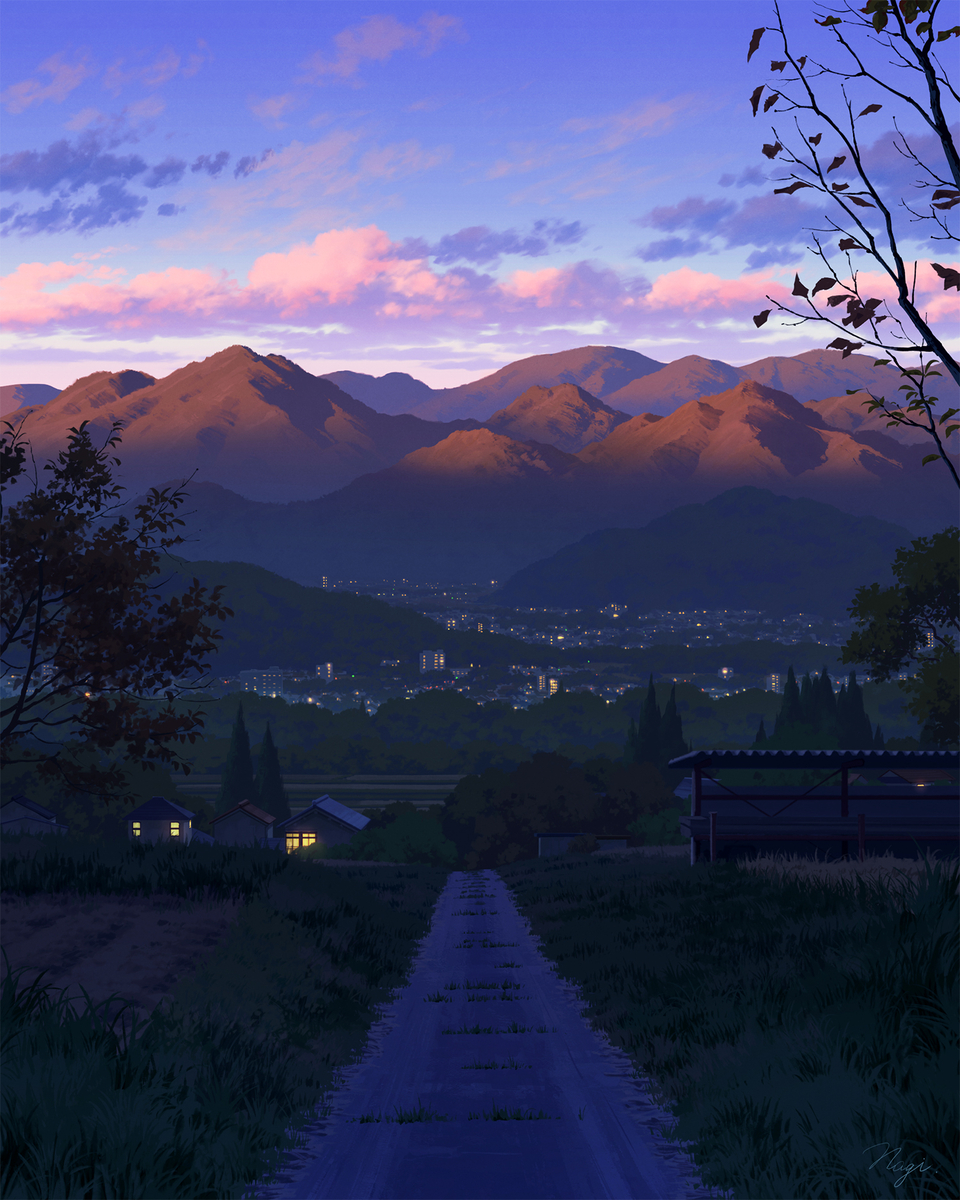 This is a pixiv picture whose title is 盆地、夕暮れ.