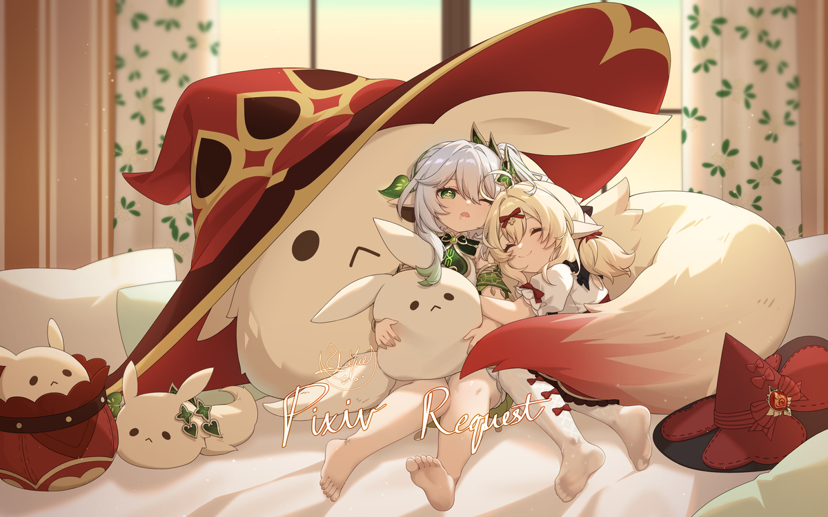 This is a pixiv picture whose title is Klee x Nahida.