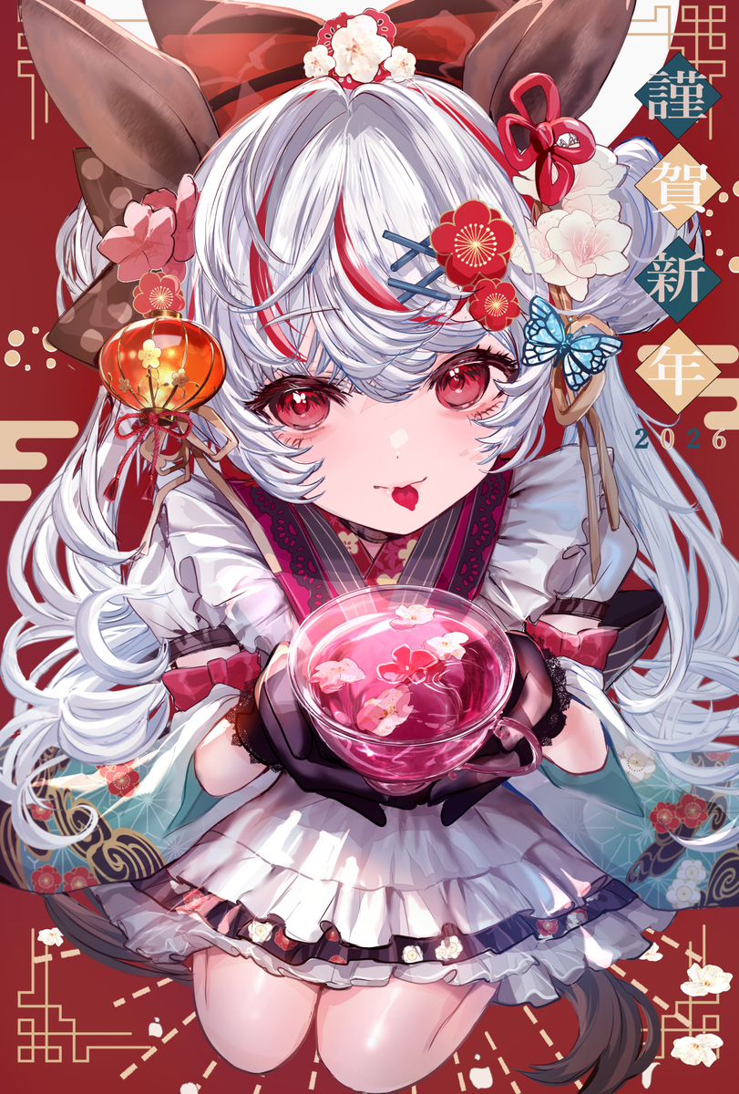 This is a pixiv picture whose title is 謹賀新年2026：梅茶の妖精コーデ(魔女マカロン).