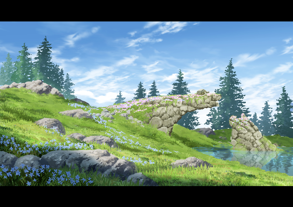 This is a pixiv picture whose title is 崩れた橋とリクガメ.