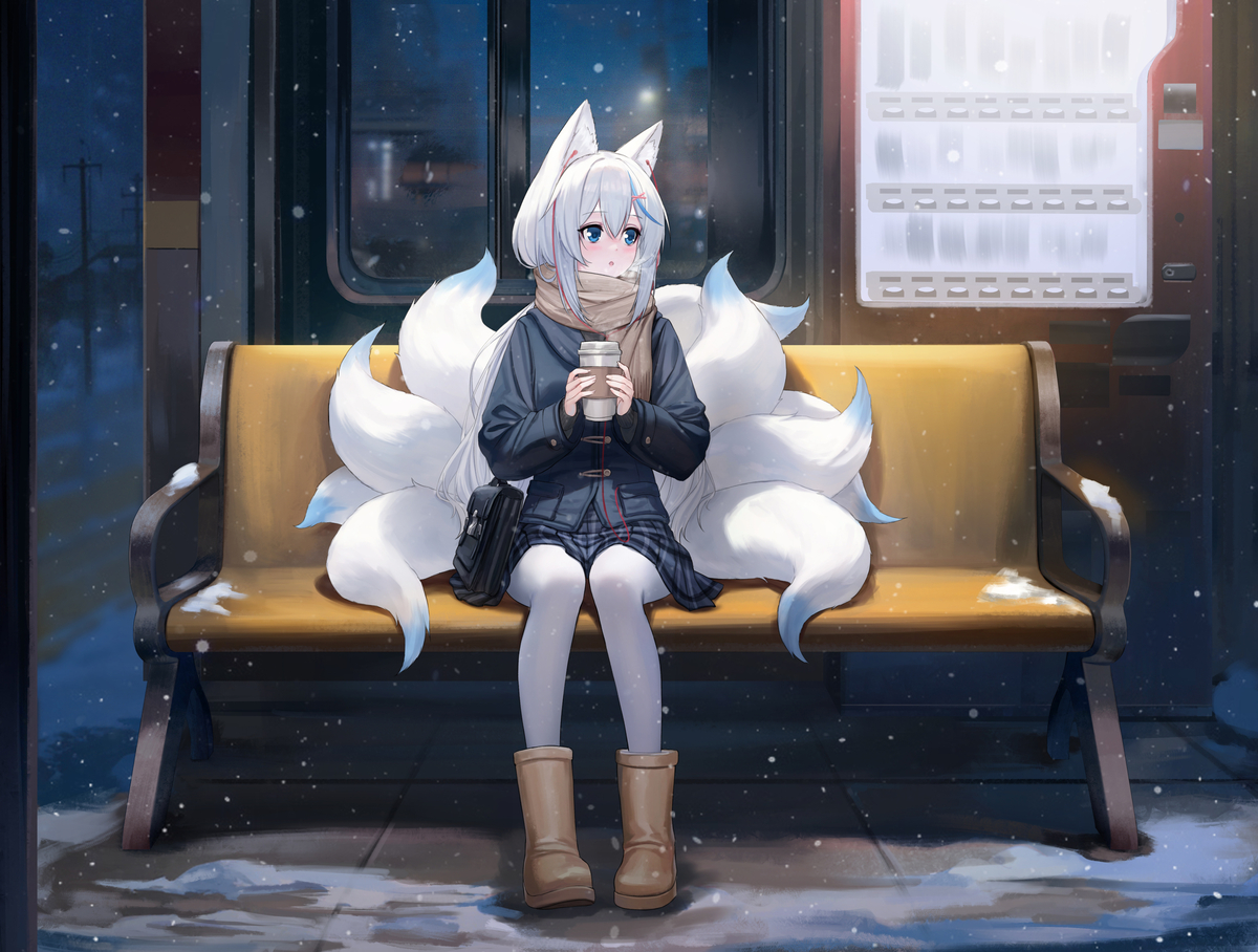 This is a pixiv picture whose title is 終電を待つ少女 [Hope a great new year!].