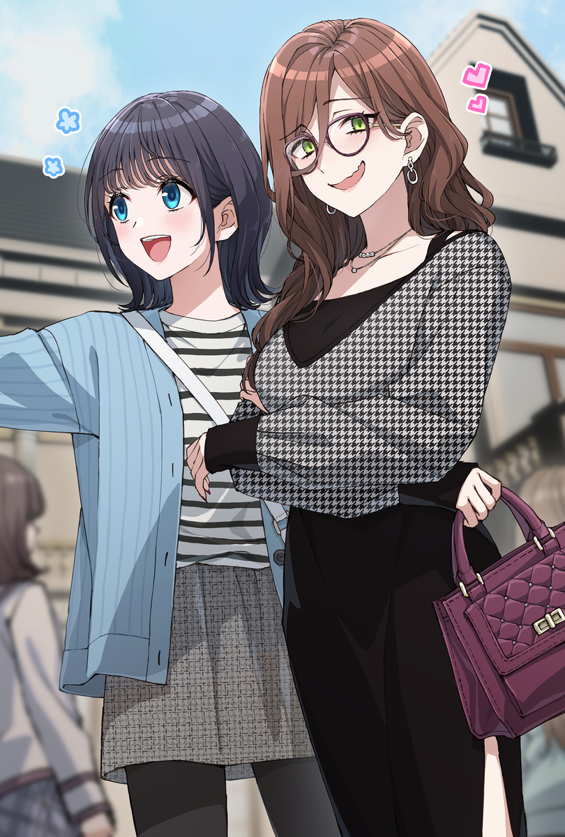 This is a pixiv picture whose title is 彼女が可愛すぎて周囲にドヤ顔でアピりまくるお姉さんの図.