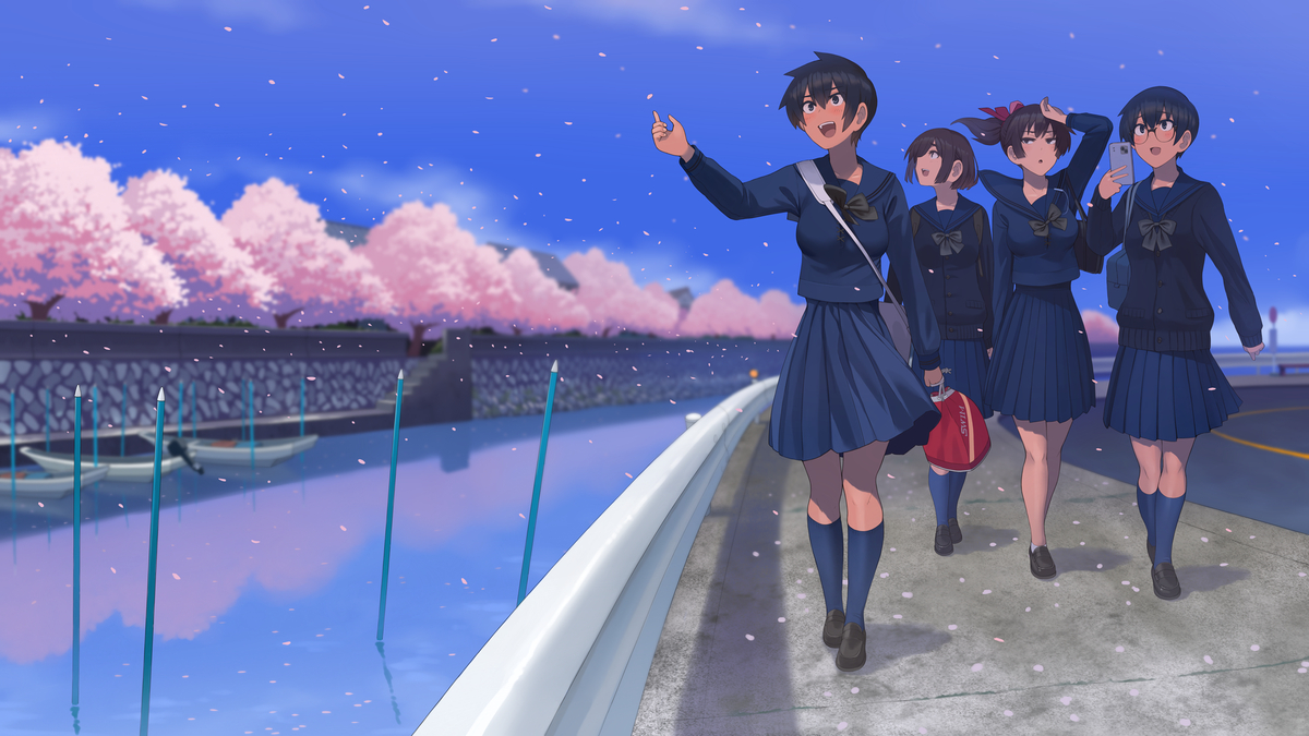 This is a pixiv picture whose title is 桜咲く通学路.