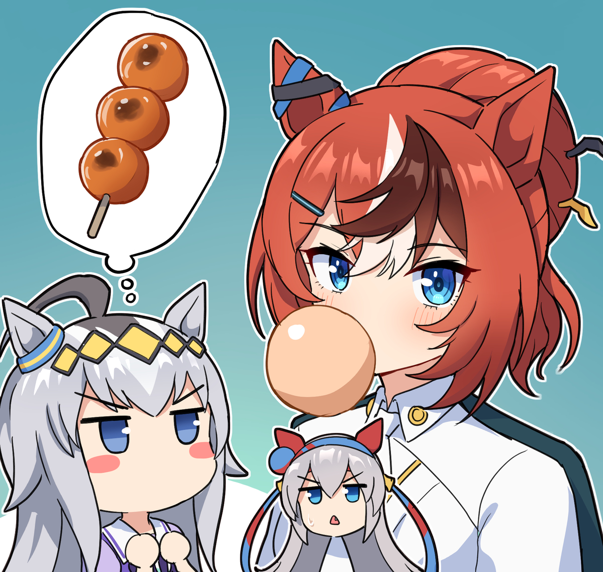 This is a pixiv picture whose title is バブルの新しい髪形と串団子.