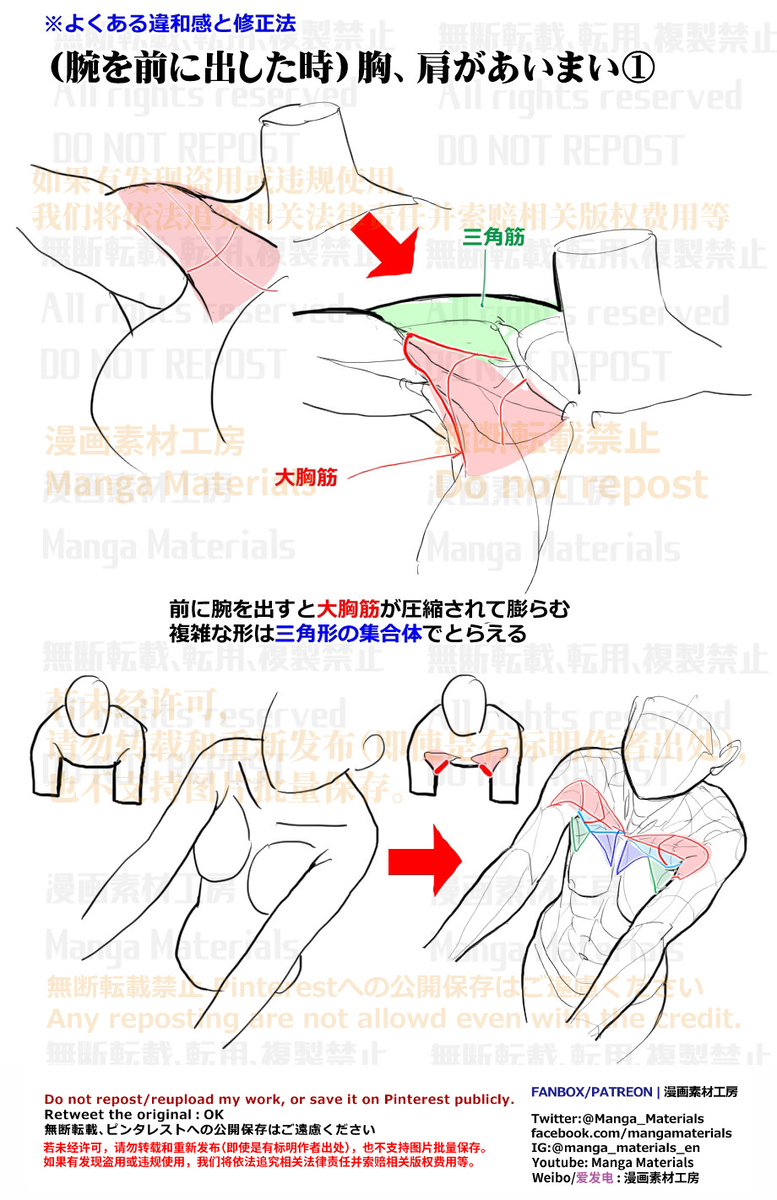 This is a pixiv picture whose title is 個人メモ：腕を前に出した時の胸肩周り.