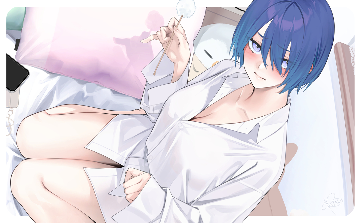 This is a pixiv picture whose title is 王子様系のクールな先輩には、絶対彼シャツ着て耳かきしてもらいたい.