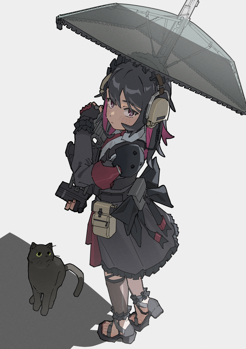 This is a pixiv picture whose title is 【OC】打伞的少女和猫（画师：eflo）.