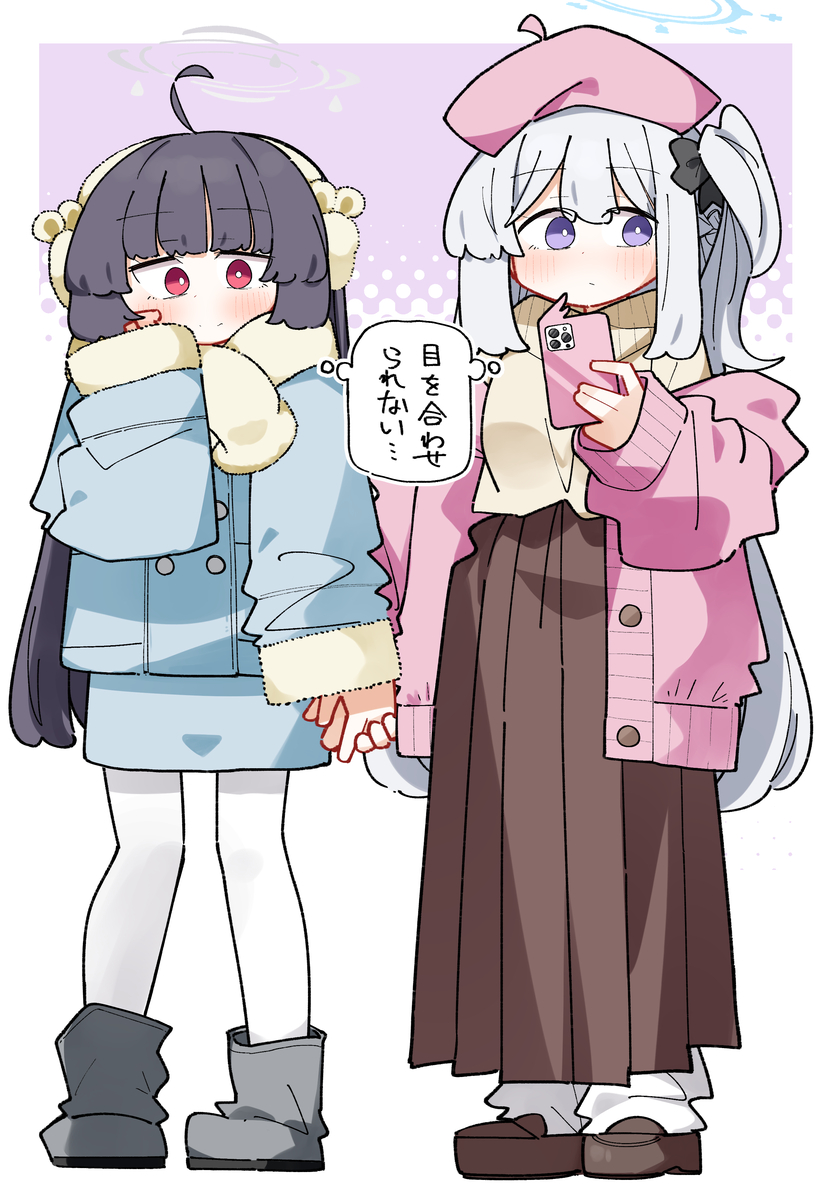 This is a pixiv picture whose title is 手を繋いでみたが、一度も目を合わせられていないミヤコとミユ.