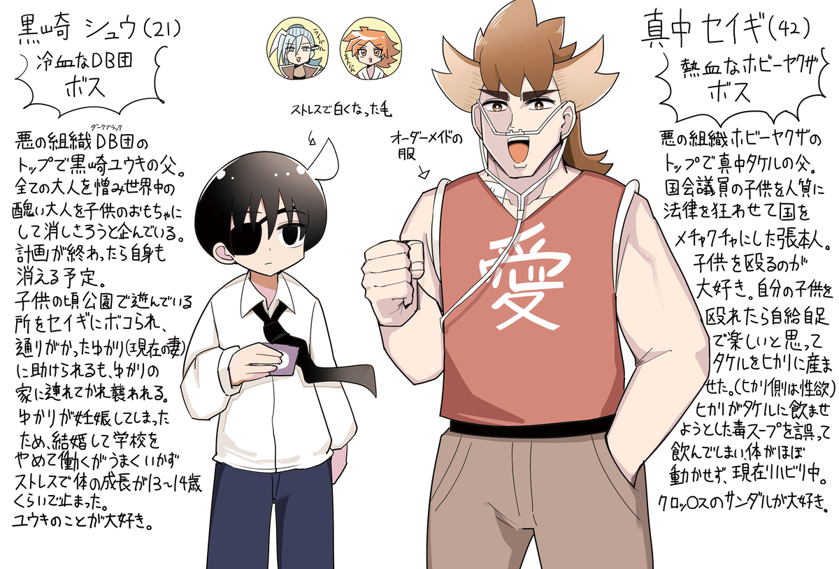 This is a pixiv picture whose title is ホビーアニメのライバルの父と主人公の父のプロフィール.