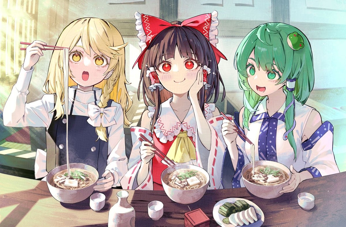 This is a pixiv picture whose title is 年越し三人娘 『OIOI × 東方Project』.
