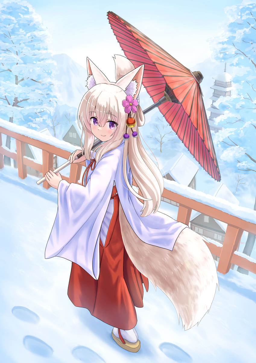 This is a pixiv picture whose title is 雪と巫女狐娘　pixiv雪エフェクト版 (1月13日迄).