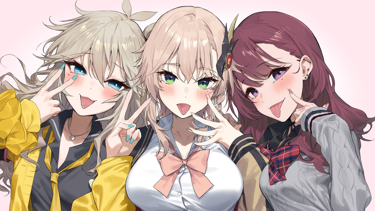 This is a pixiv picture whose title is ボイロ界の泣きぼくろギャル三人組.