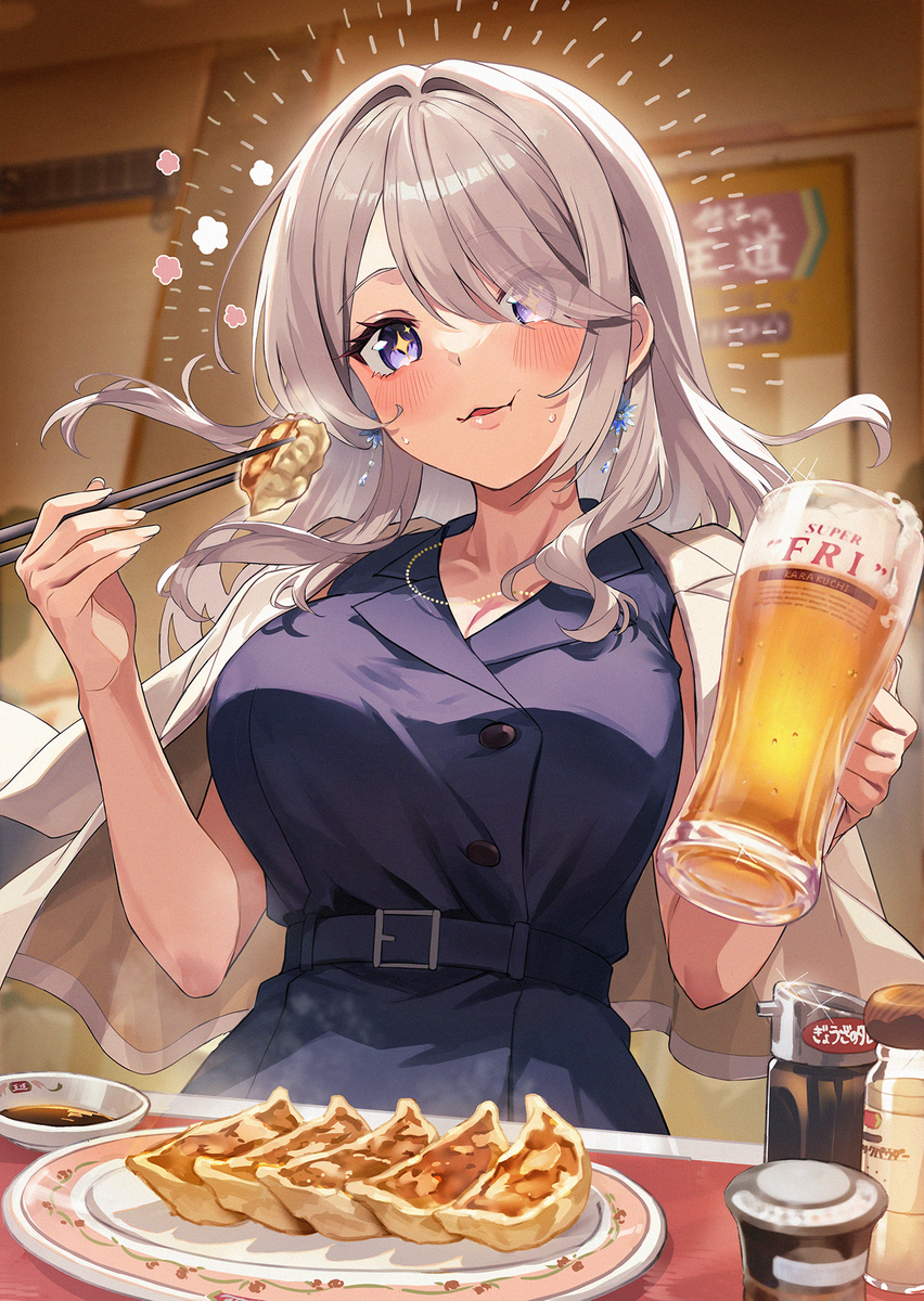 This is a pixiv picture whose title is 餃子とビールで優勝する社長.