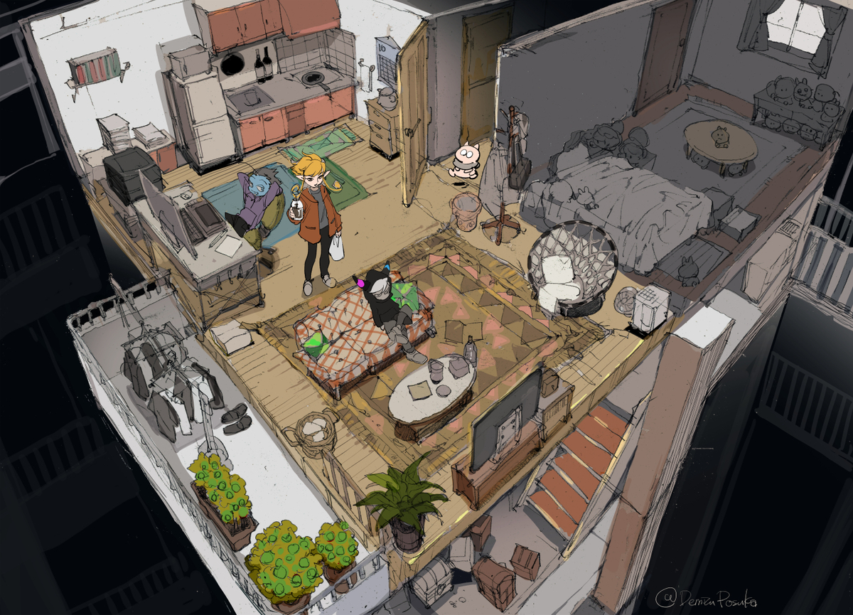 This is a pixiv picture whose title is 友達も呼べる１LDK.