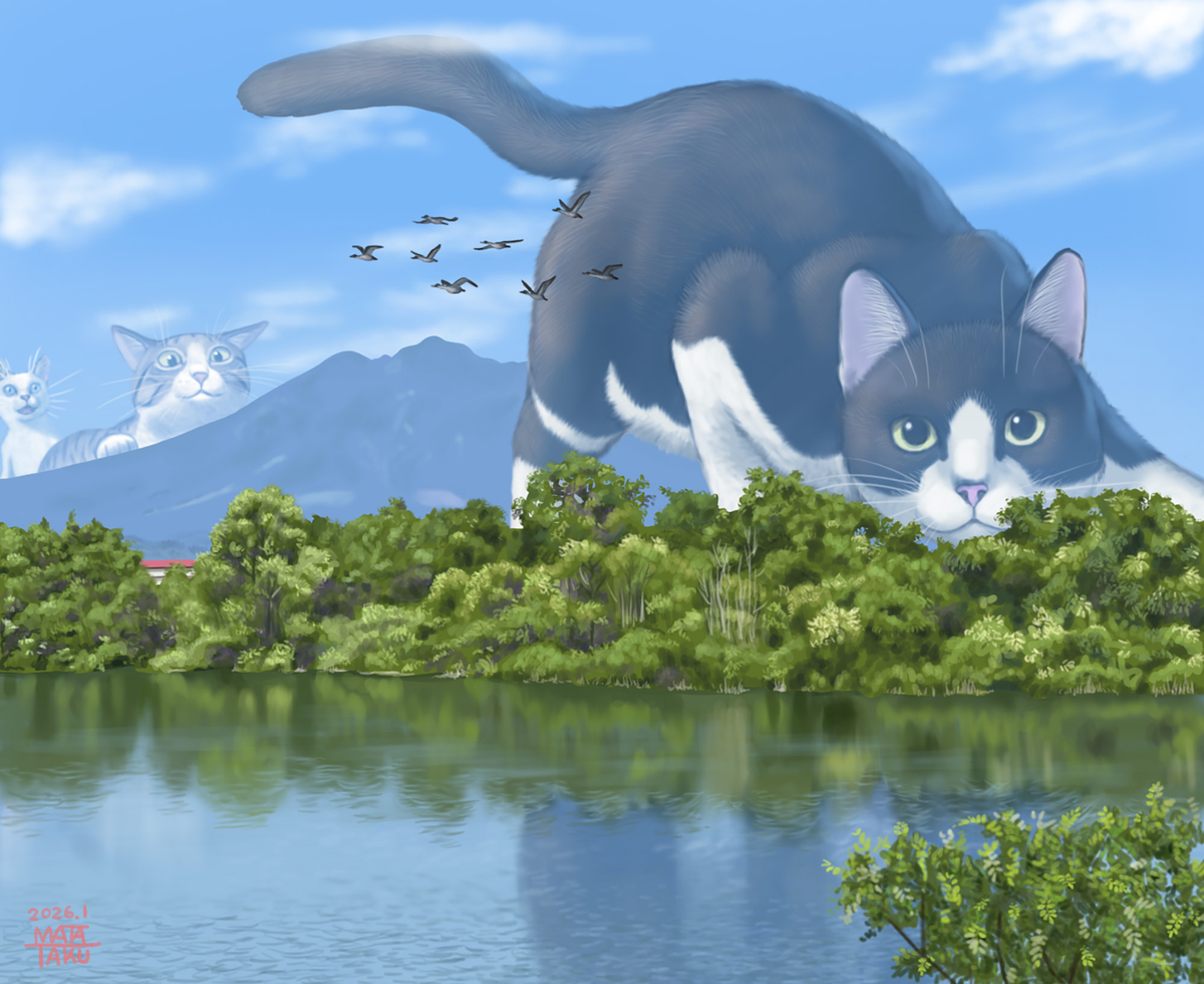 This is a pixiv picture whose title is 故郷の守り猫（ちょっと大きめ）.