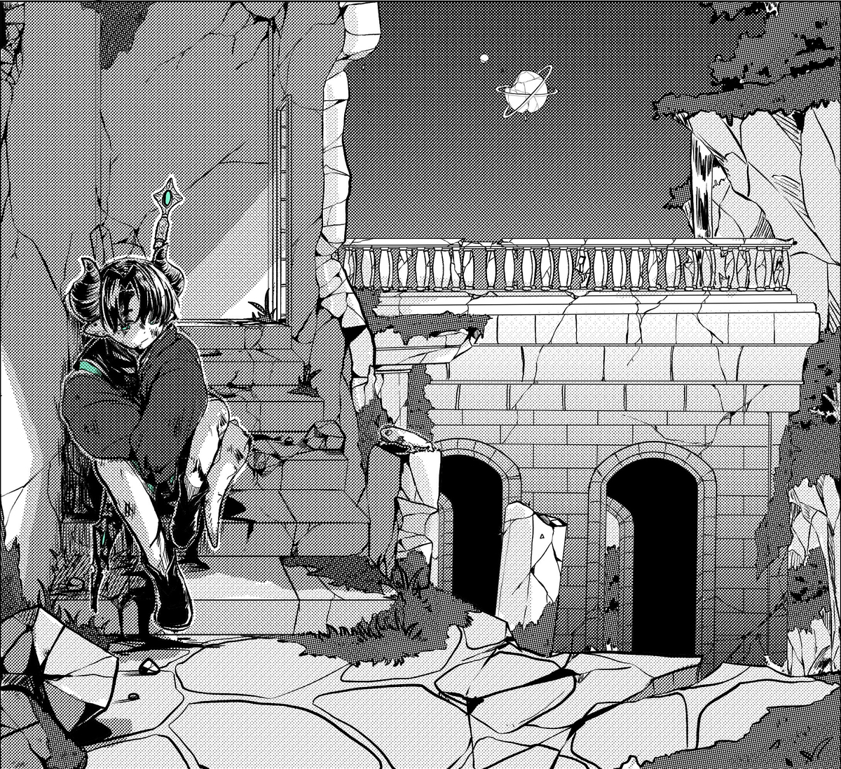 This is a pixiv picture whose title is 古城とトカゲ.