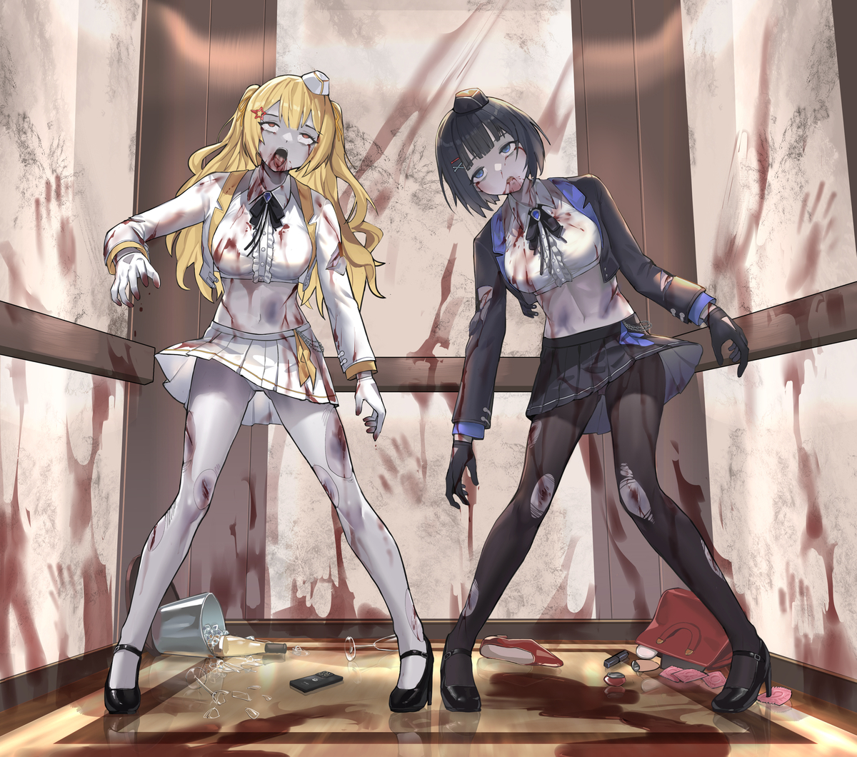 This is a pixiv picture whose title is 电梯里的接待员丧尸.