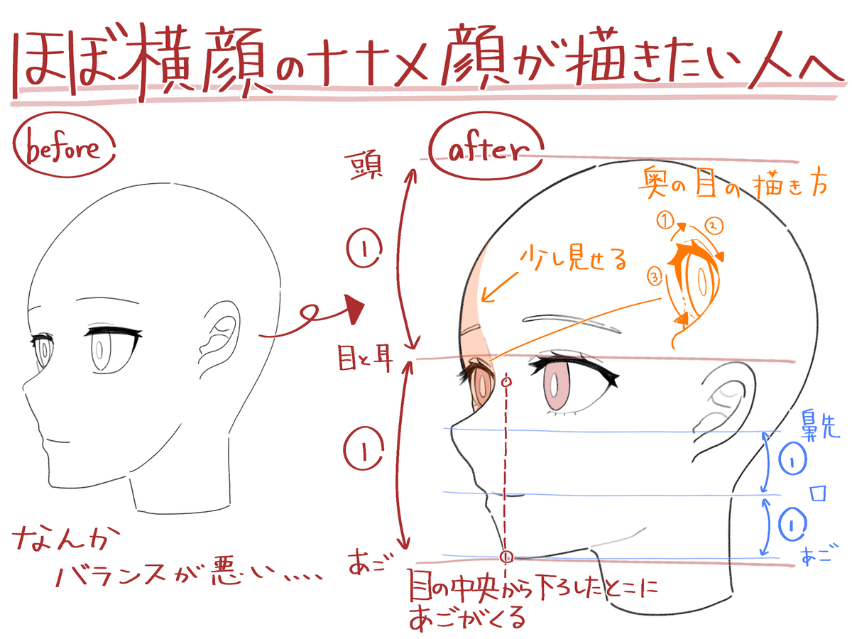 This is a pixiv picture whose title is ほぼ横顔の斜め顔が描きたい人へ.