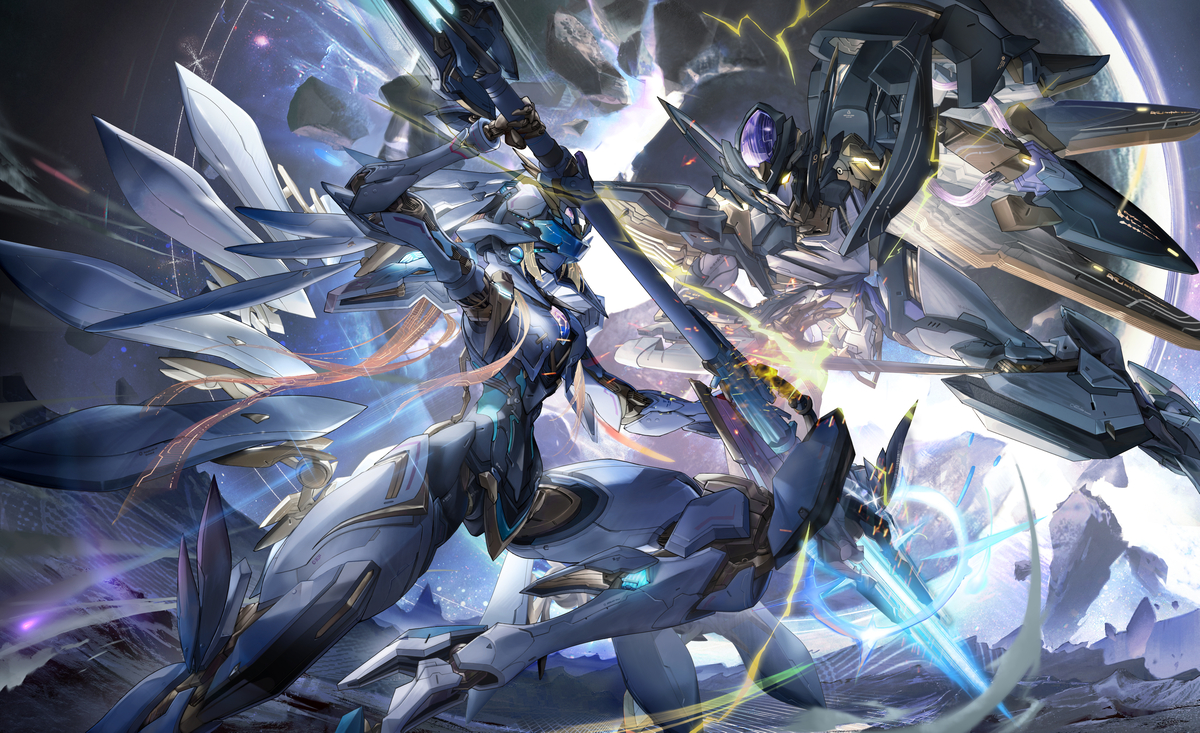 This is a pixiv picture whose title is 【エイメス機甲 VS シンジレルム】.