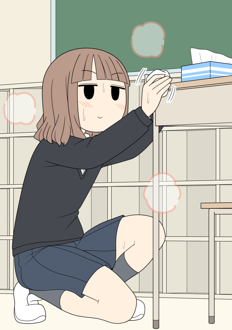 This is a pixiv picture whose title is 放課後に机を拭く女の子（リメイク）.