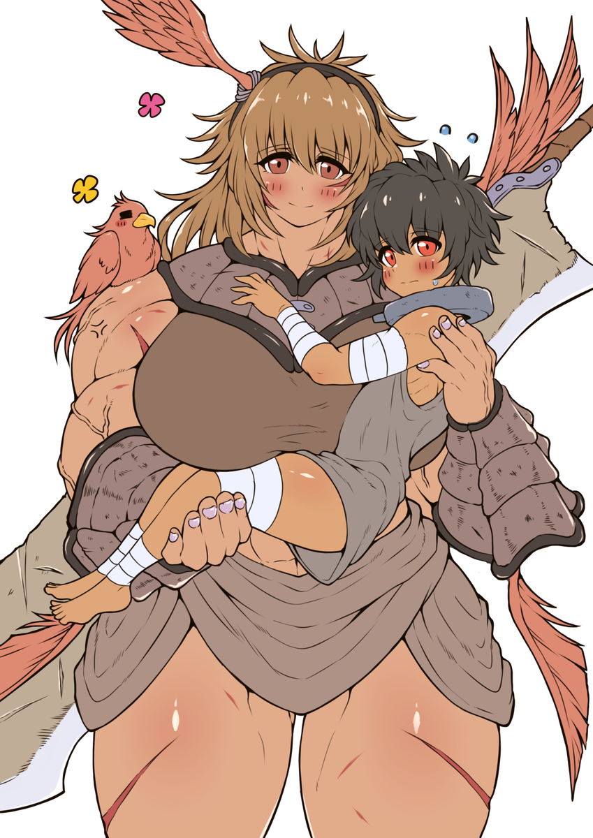 This is a pixiv picture whose title is 女剣闘士と奴隷少年.