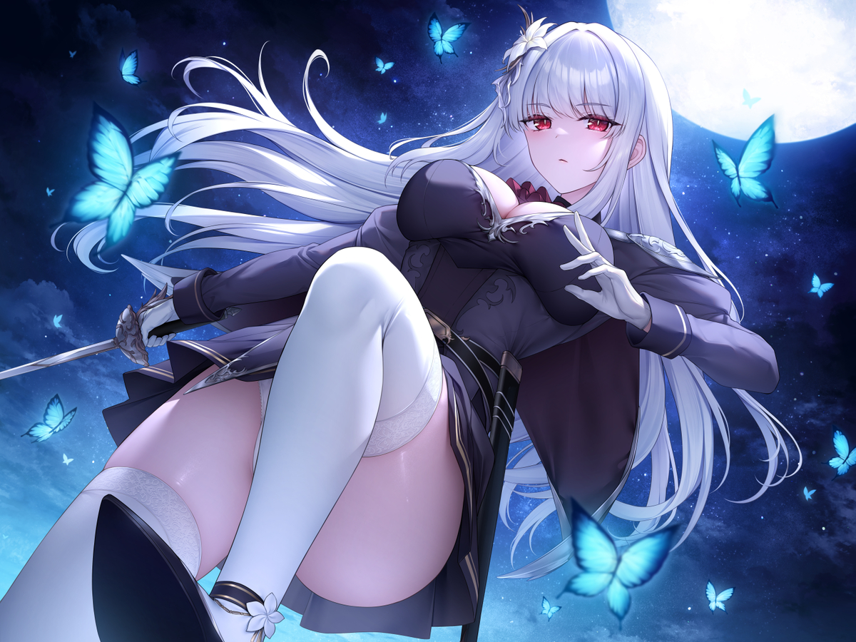 This is a pixiv picture whose title is 剣術の天才な銀髪赤瞳お嬢様⚔️🦋.