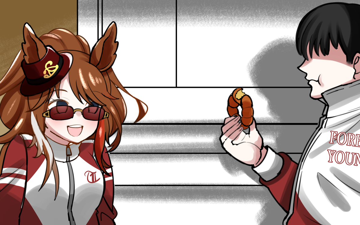 This is a pixiv picture whose title is ドーナツを食べるトレーナーを見つめるエバヤンの図.