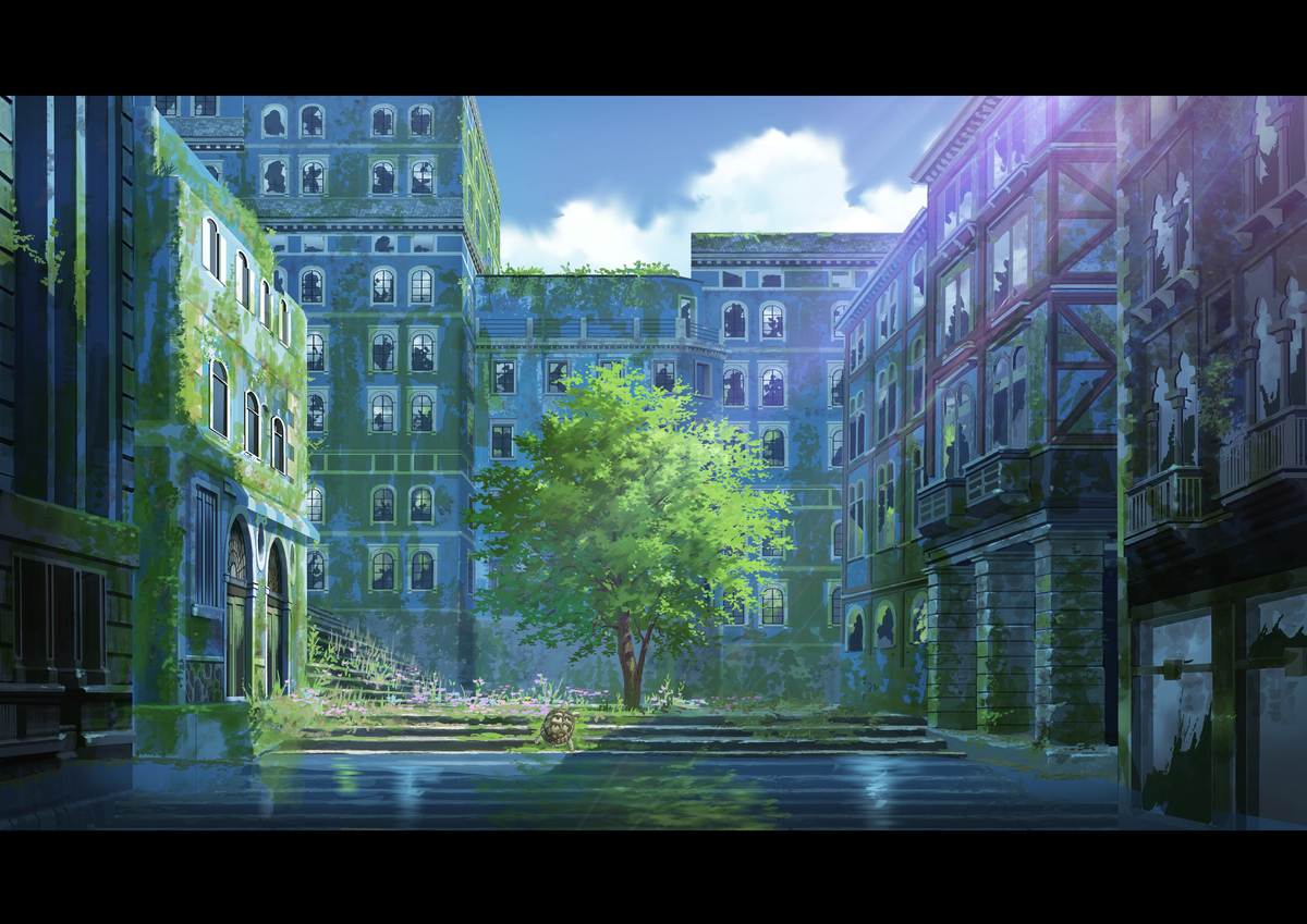 This is a pixiv picture whose title is 青い街の大冒険.