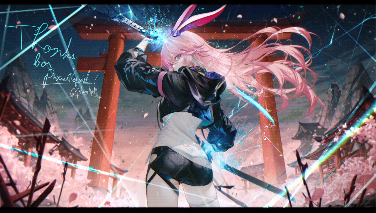 This is a pixiv picture whose title is 八重桜/御神装・勿忘.