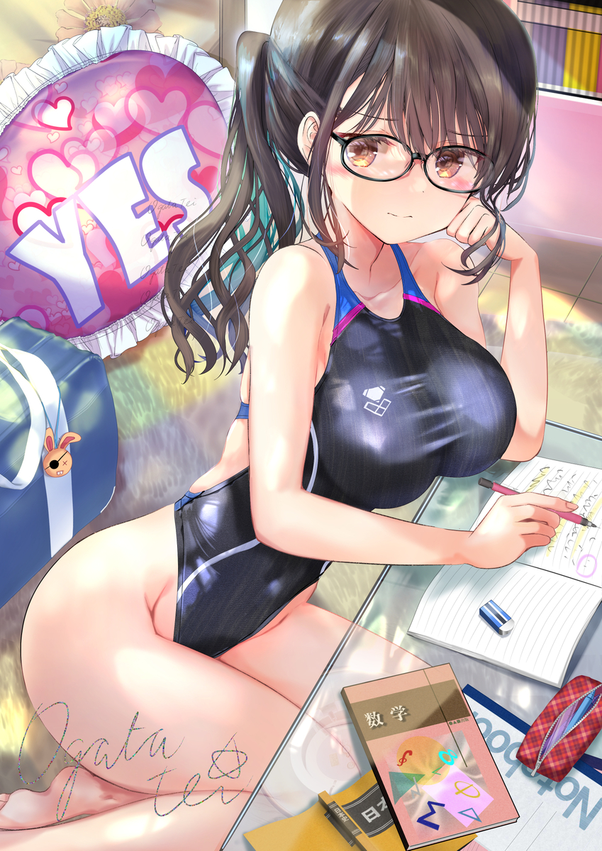 This is a pixiv picture whose title is 彼女の部屋と競泳水着.