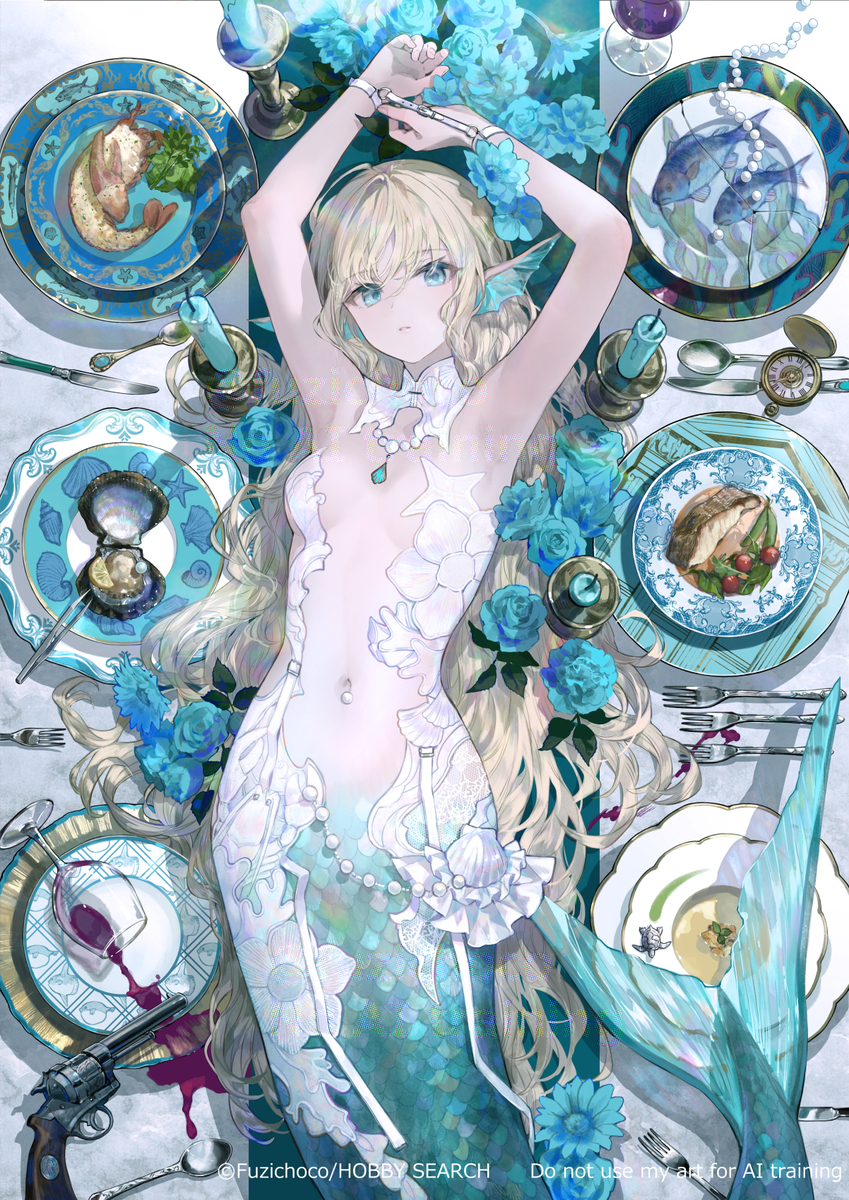 This is a pixiv picture whose title is 人魚の食卓.