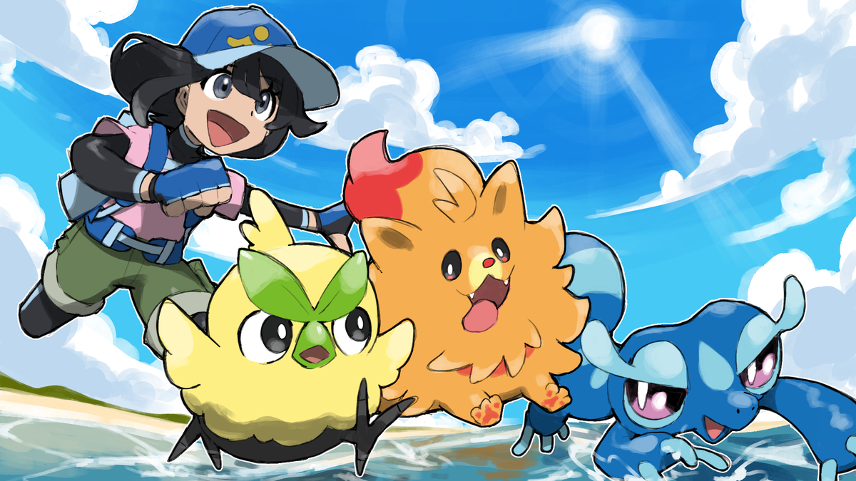 This is a pixiv picture whose title is Pokemon W/W Starters and trainer.
