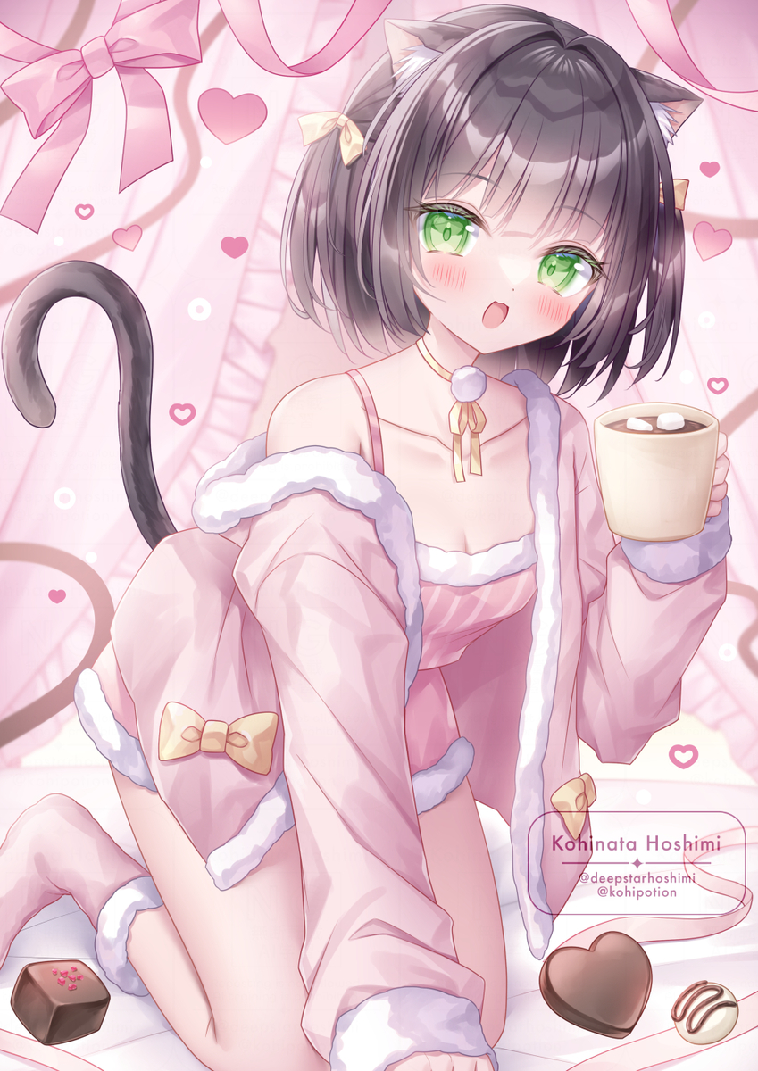 This is a pixiv picture whose title is 🐈‍⬛☕️🎀.