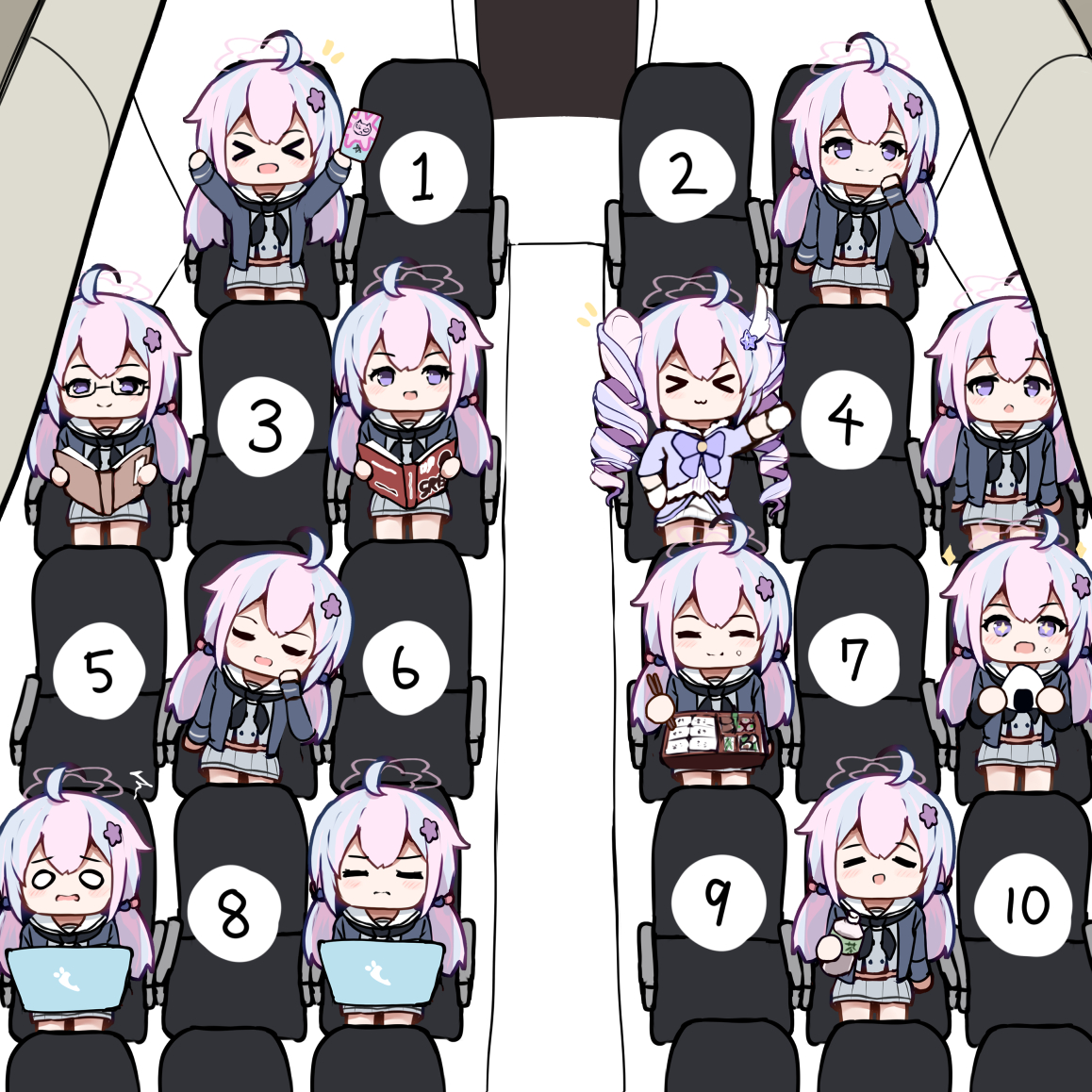 This is a pixiv picture whose title is 8時間のフライト　どこに座るか.