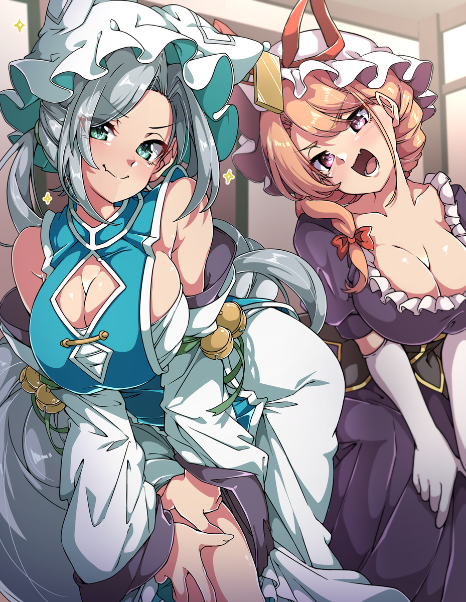 This is a pixiv picture whose title is 紫様の悩殺ポーズレッスンを真面目に授ける蒼様🎀🦊.