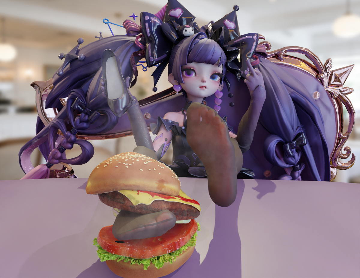 This is a pixiv picture whose title is 安琪拉的黑丝汉堡！（安琪拉—库洛米之心）.