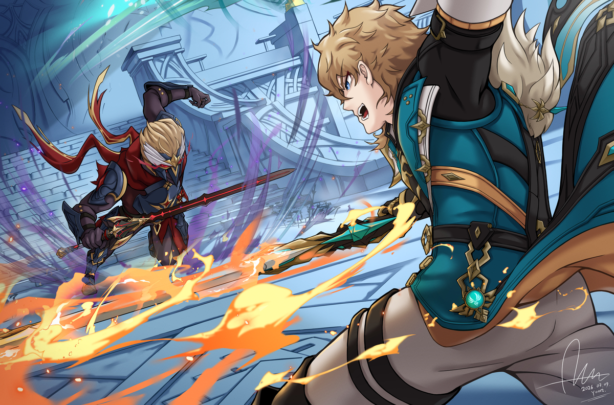 This is a pixiv picture whose title is ローランド vs ファルカ.