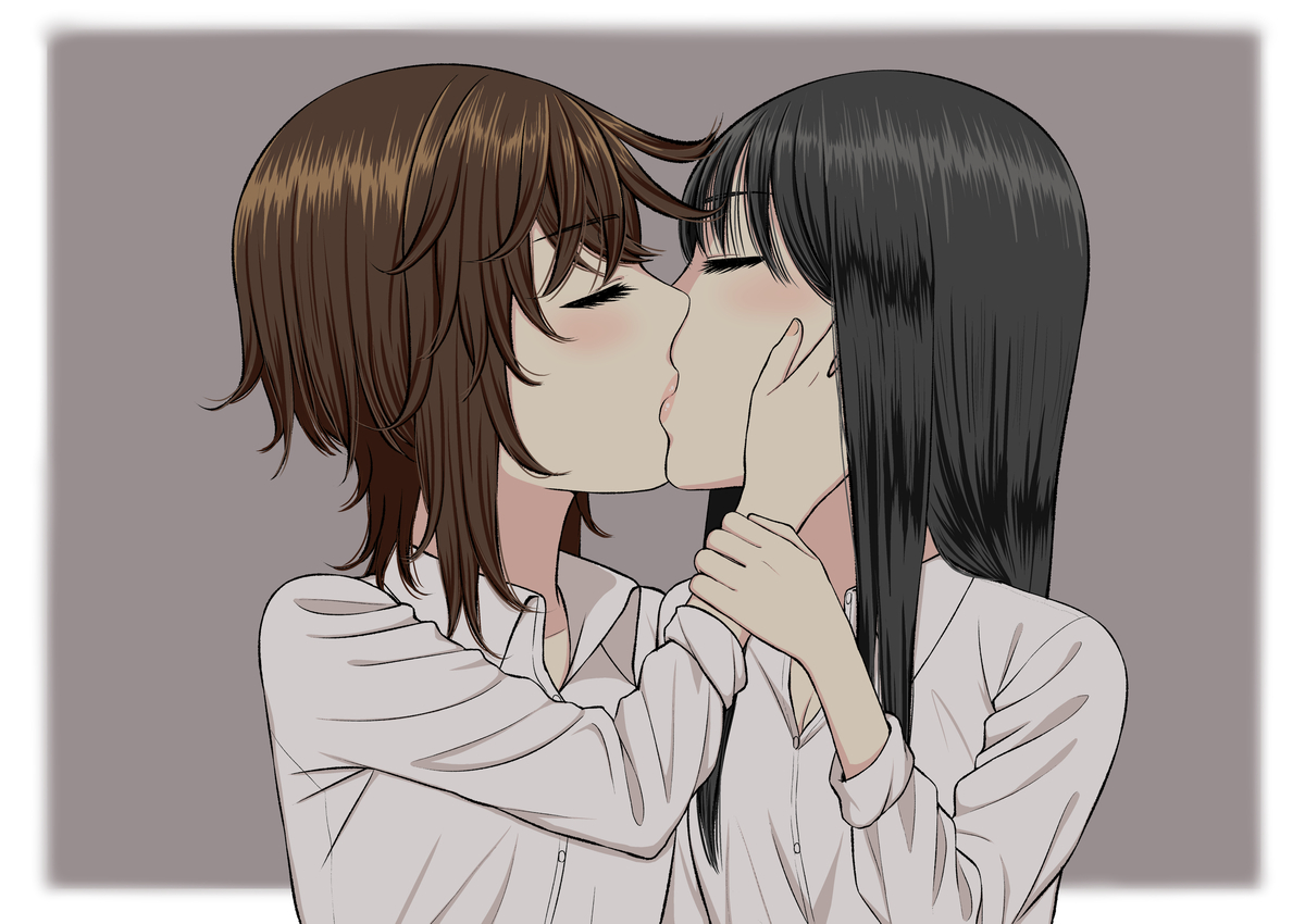 This is a pixiv picture whose title is 【創作百合】百合キス.