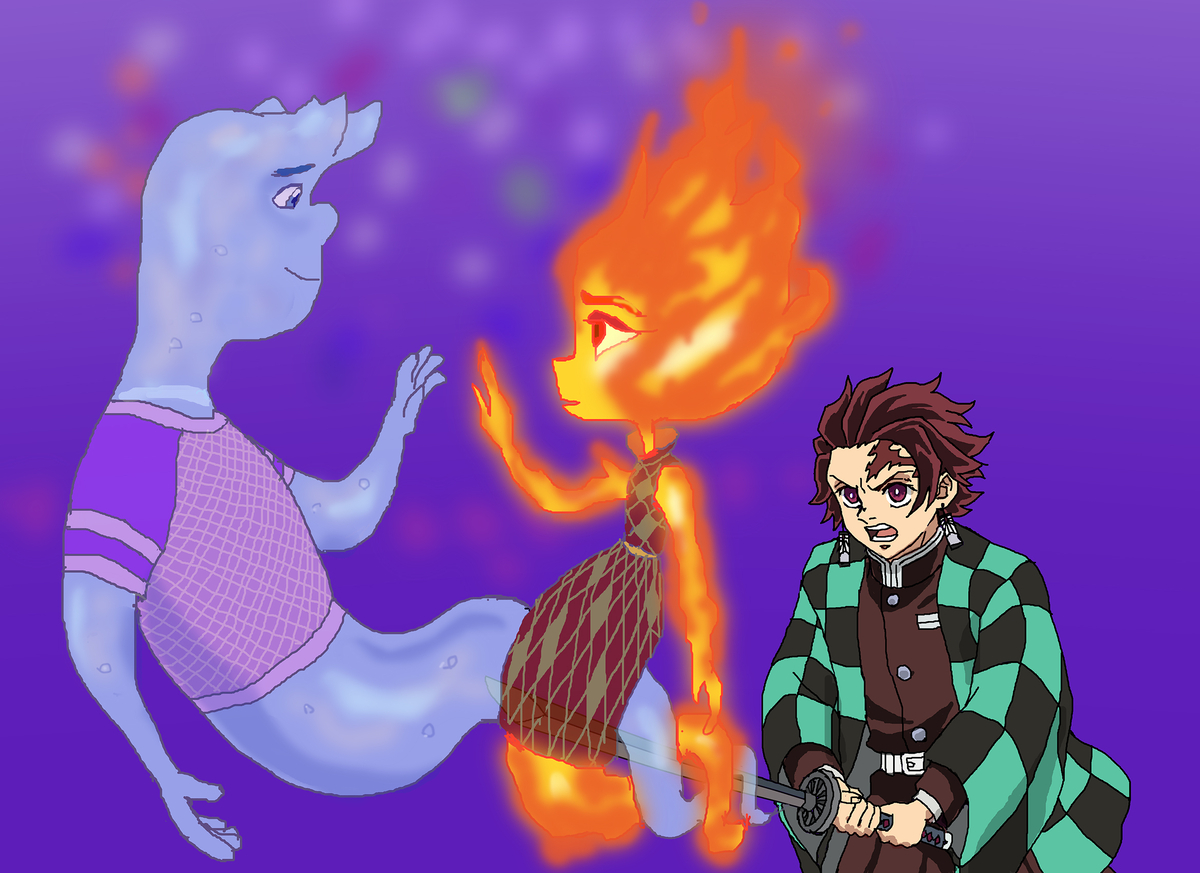 This is a pixiv picture whose title is 水(ウェイド)と火(エンバー)を合わせた呼吸を編み出した炭治郎.