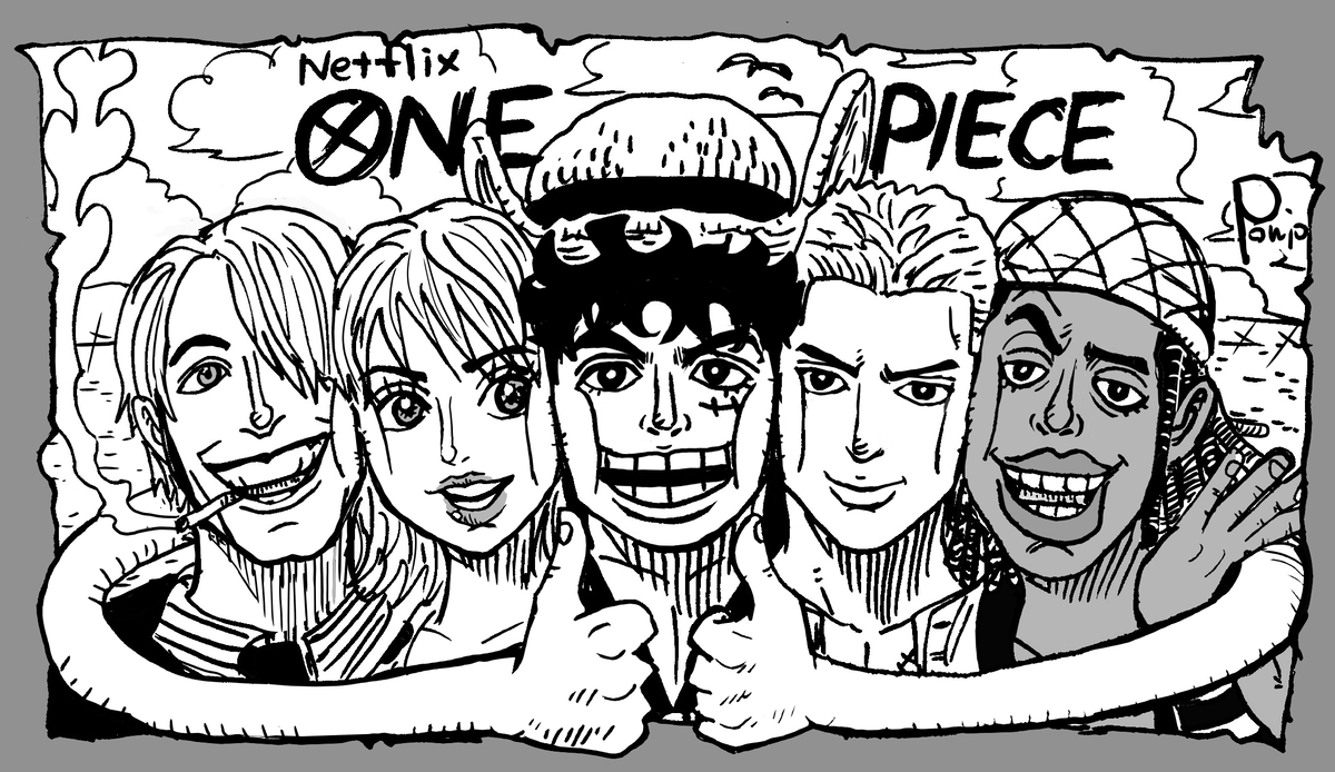 This is a pixiv picture whose title is むぎゅっと麦わらの一味　Netflixバージョン.