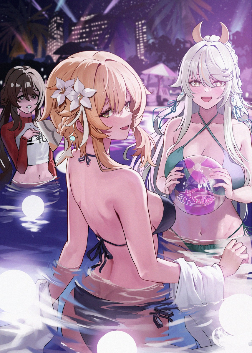 This is a pixiv picture whose title is ナイトプールで皆と.