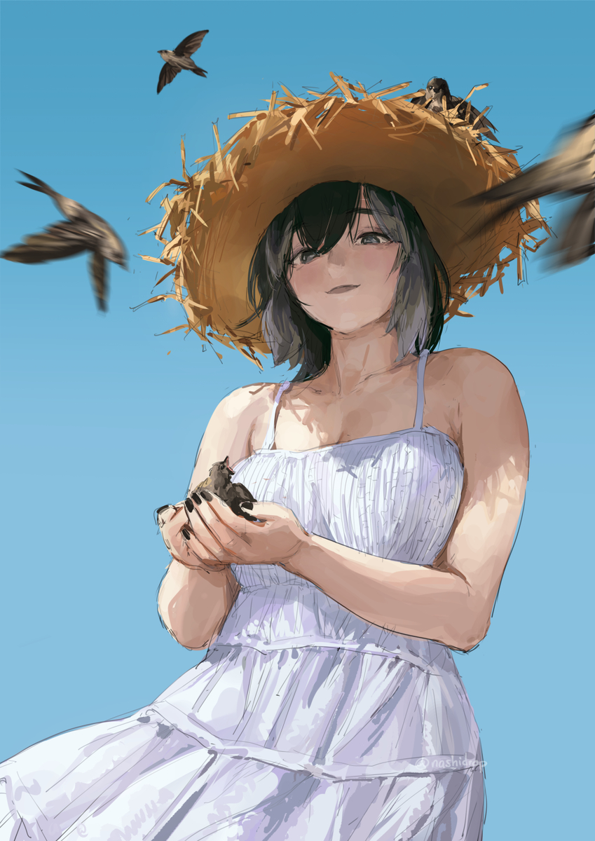 This is a pixiv picture whose title is Straw hat, but also nest.