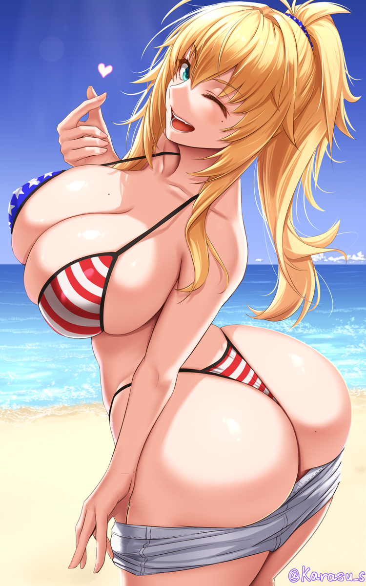 This is a pixiv picture whose title is 金髪爆乳アメリカン星条旗ビキニお姉さん2.
