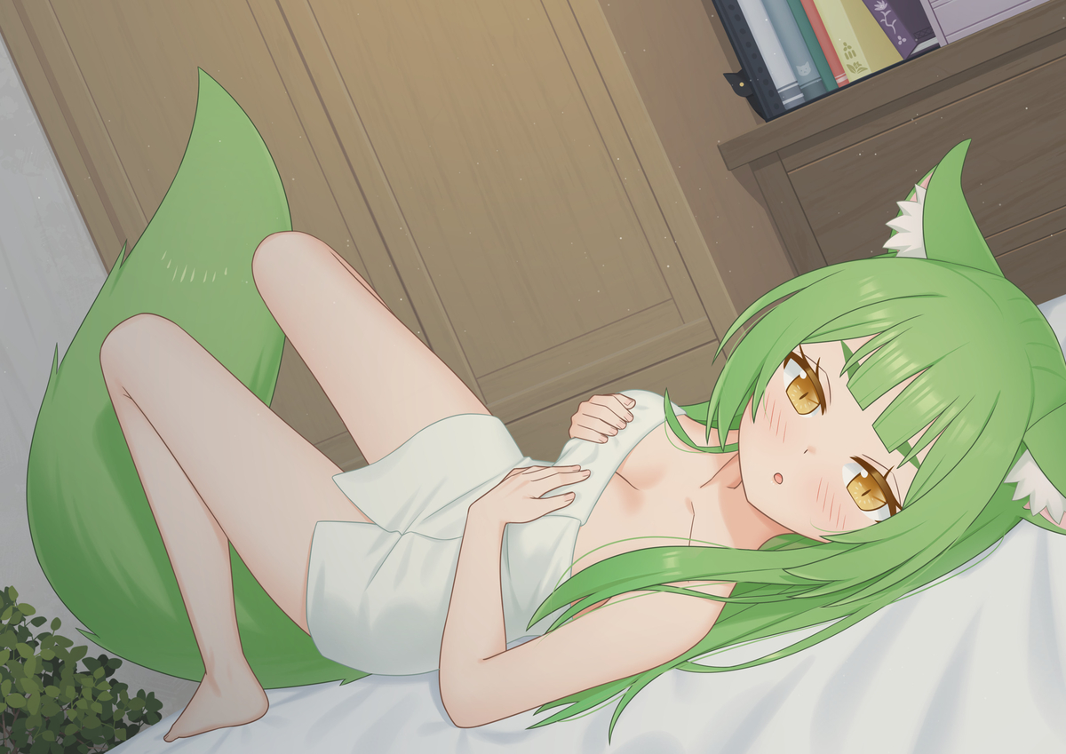 This is a pixiv picture whose title is 裹著浴巾的綠髮女孩.