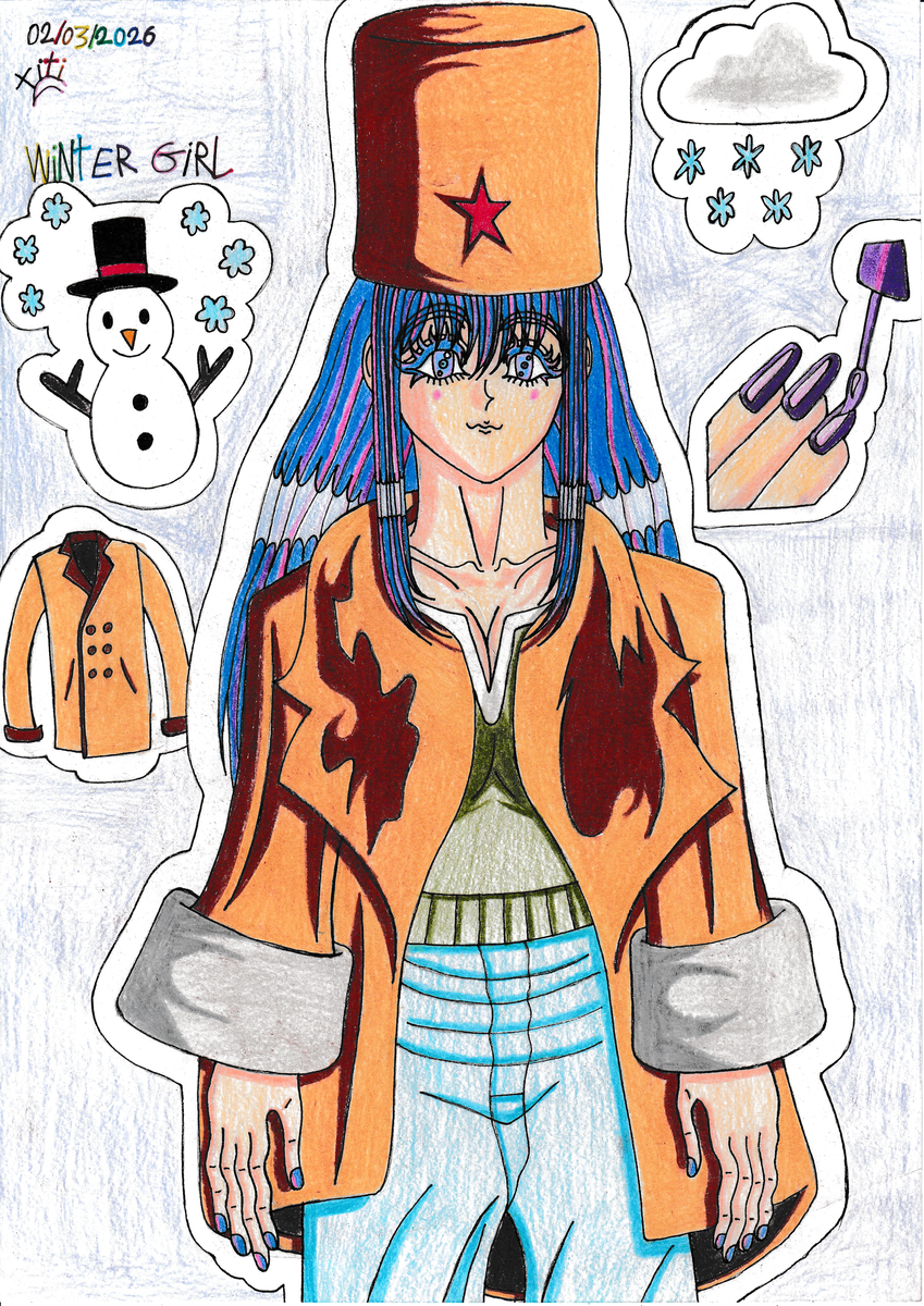 This is a pixiv picture whose title is ウィンターガール🧥☃️💅🏻💙👖🌨️🫡🫕❄️🗾.